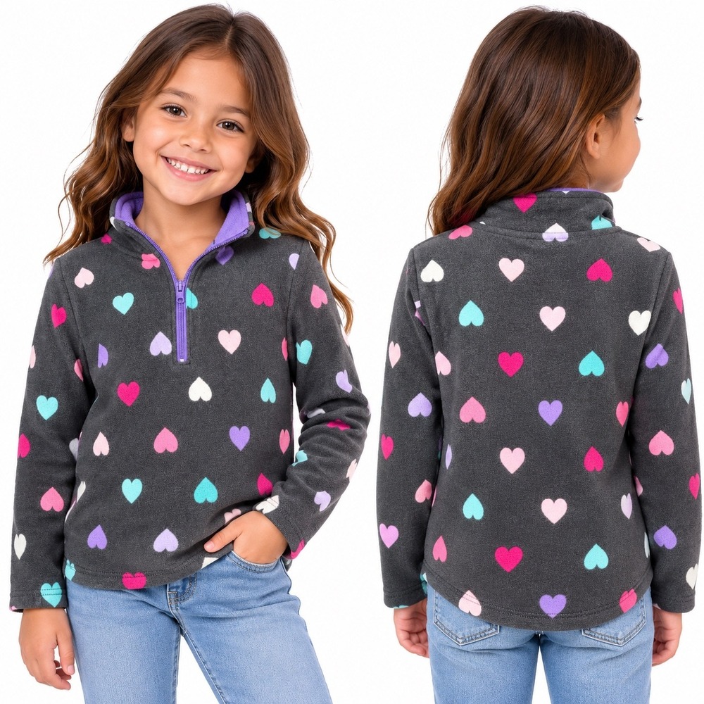 Jumping Beans Girls Heart Print Fleece Quarter Zip Pullover Gray Size 6